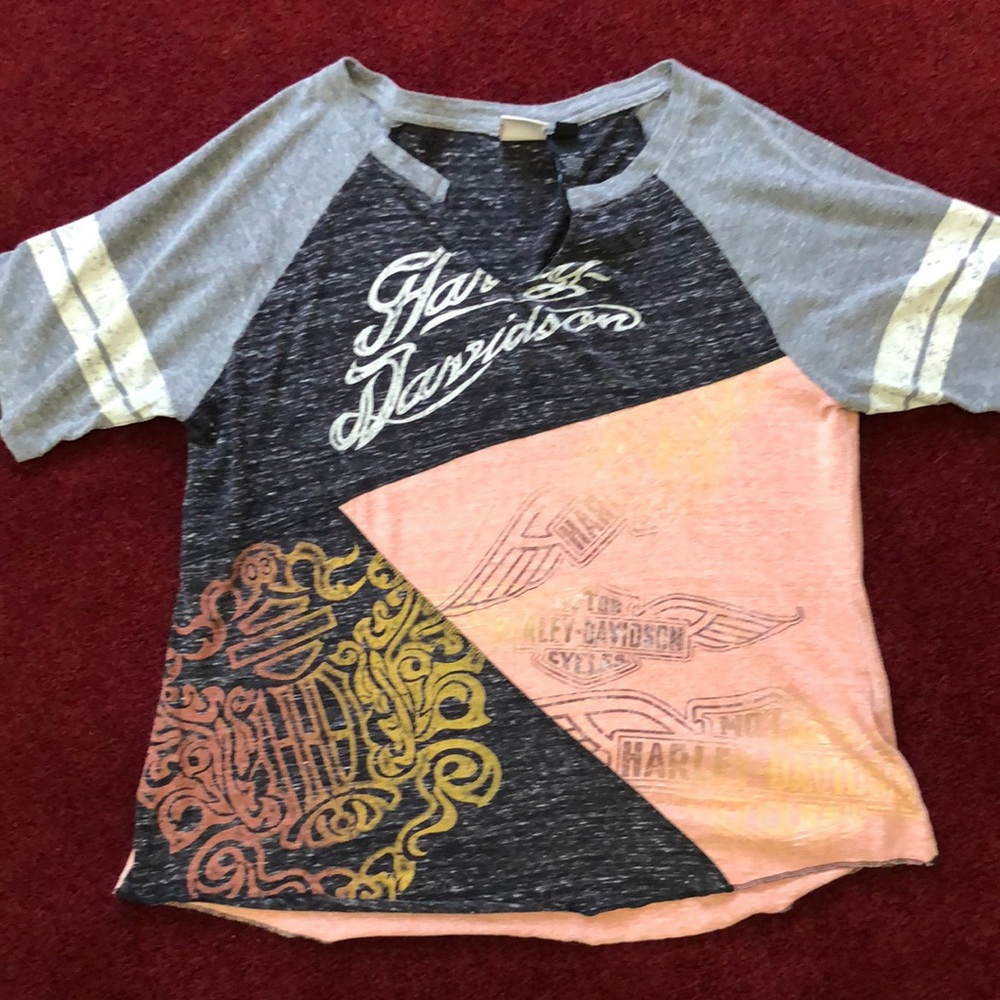 Harley Davidson Women’s T-shirt Peach Black and Gray